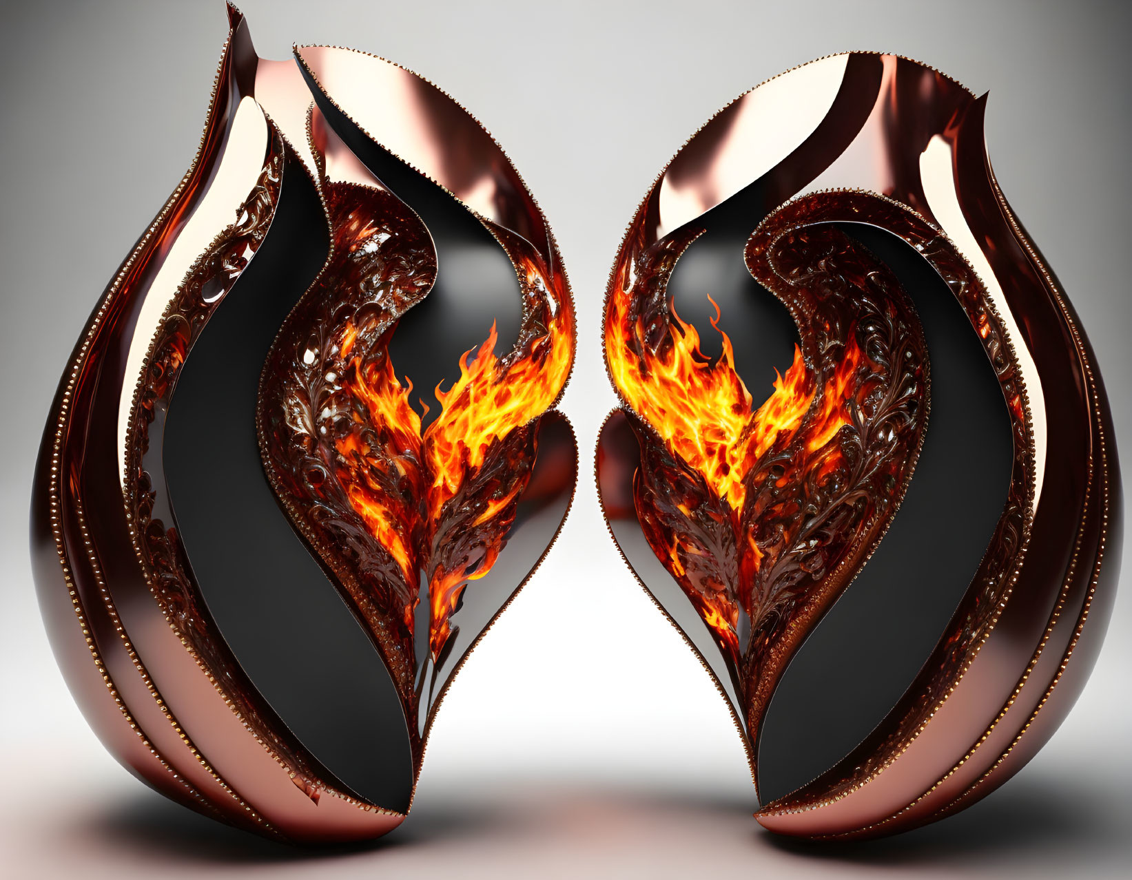 Symmetrical ornamental vases with abstract fiery heart design