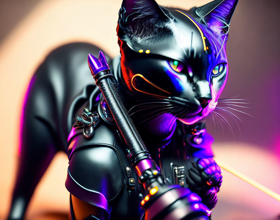 Stylized black cat character in futuristic tactical gear with neon purple highlights