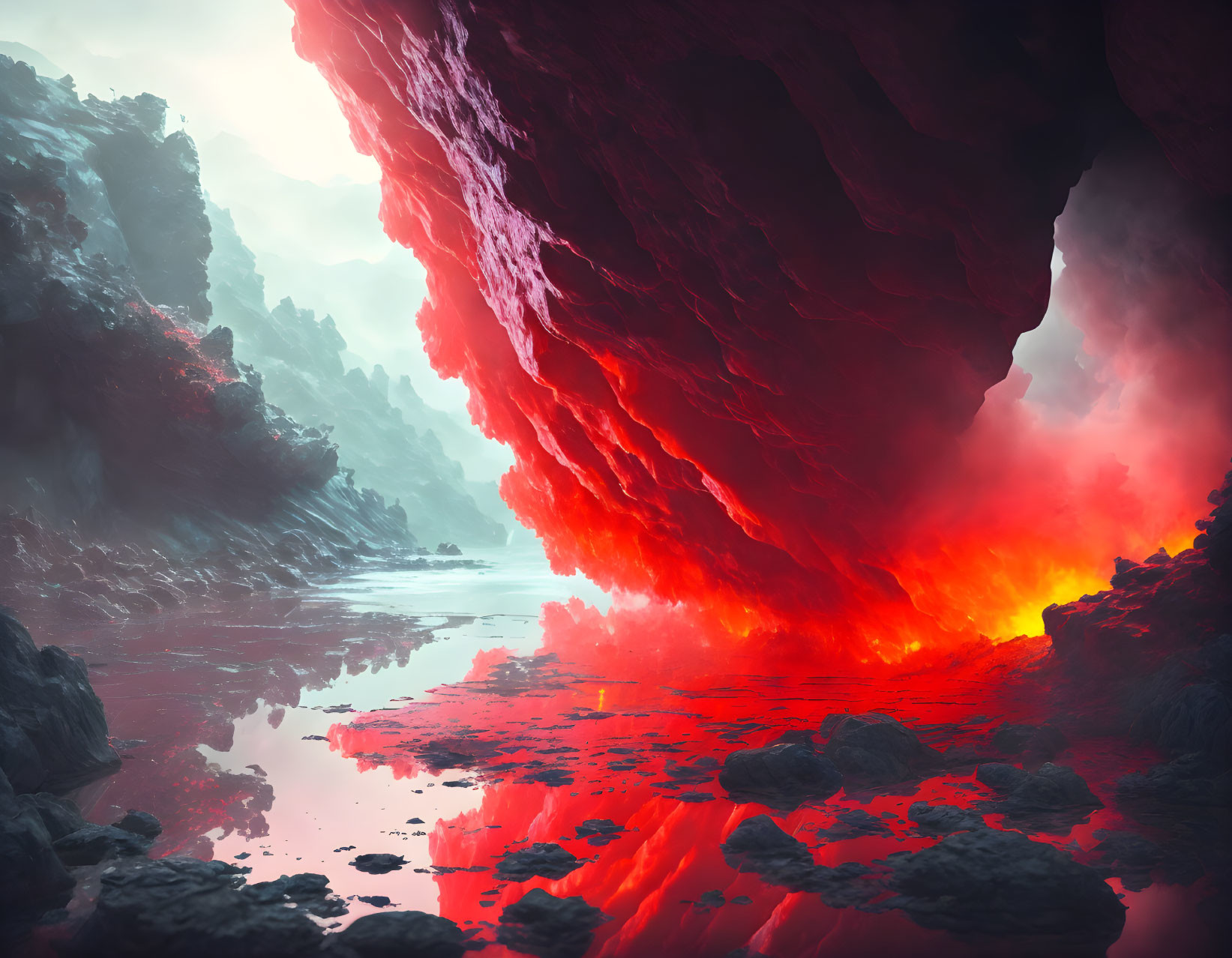 Volcanic landscape with flowing lava and red-hued sky reflected on a river