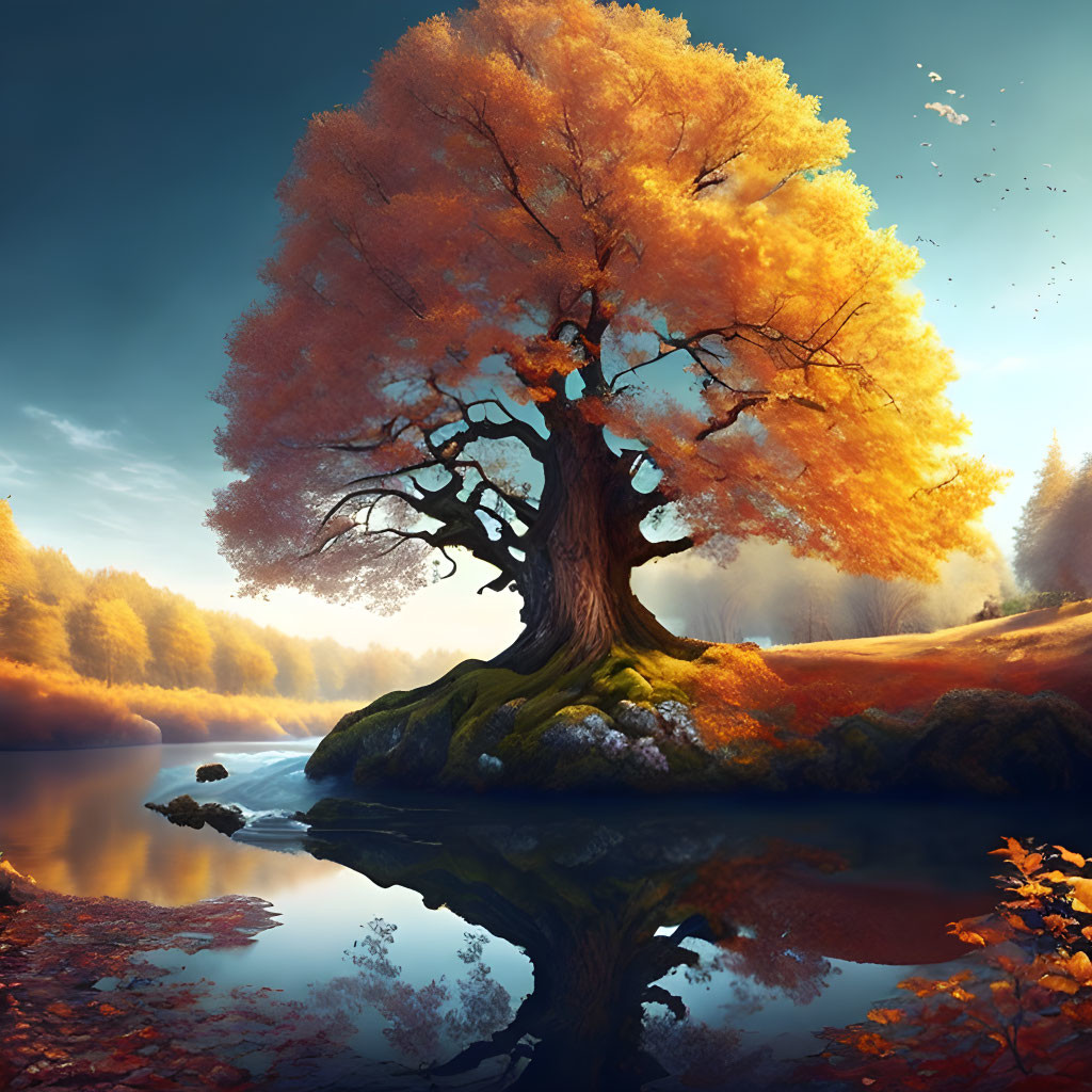 Solitary tree with vibrant orange foliage reflected in tranquil water amidst autumnal sunset landscape