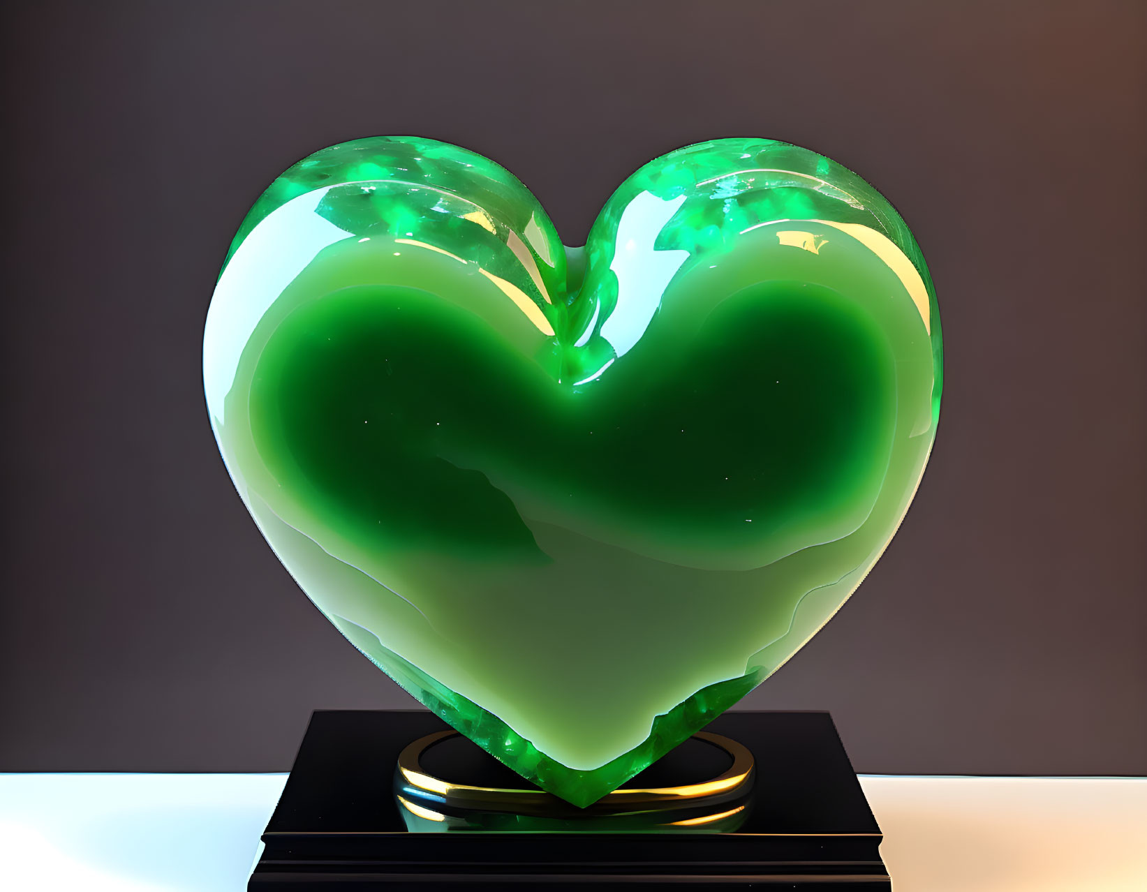 Green Heart-Shaped Sculpture with Light Core on Black Pedestal