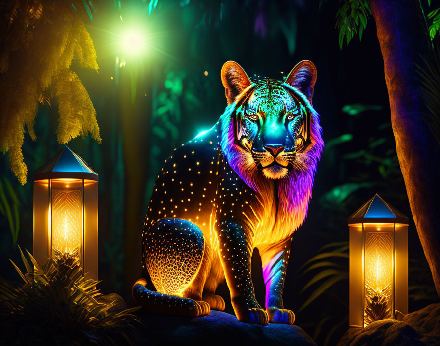 Multicolored tiger in mystical jungle with lanterns & lush foliage