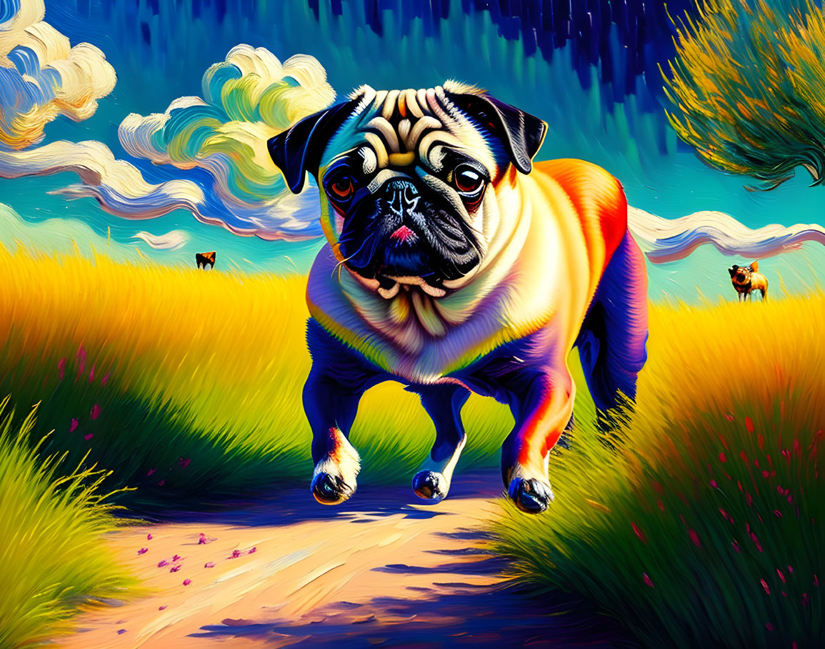 Colorful pug walking on whimsical path with cows and blue skies