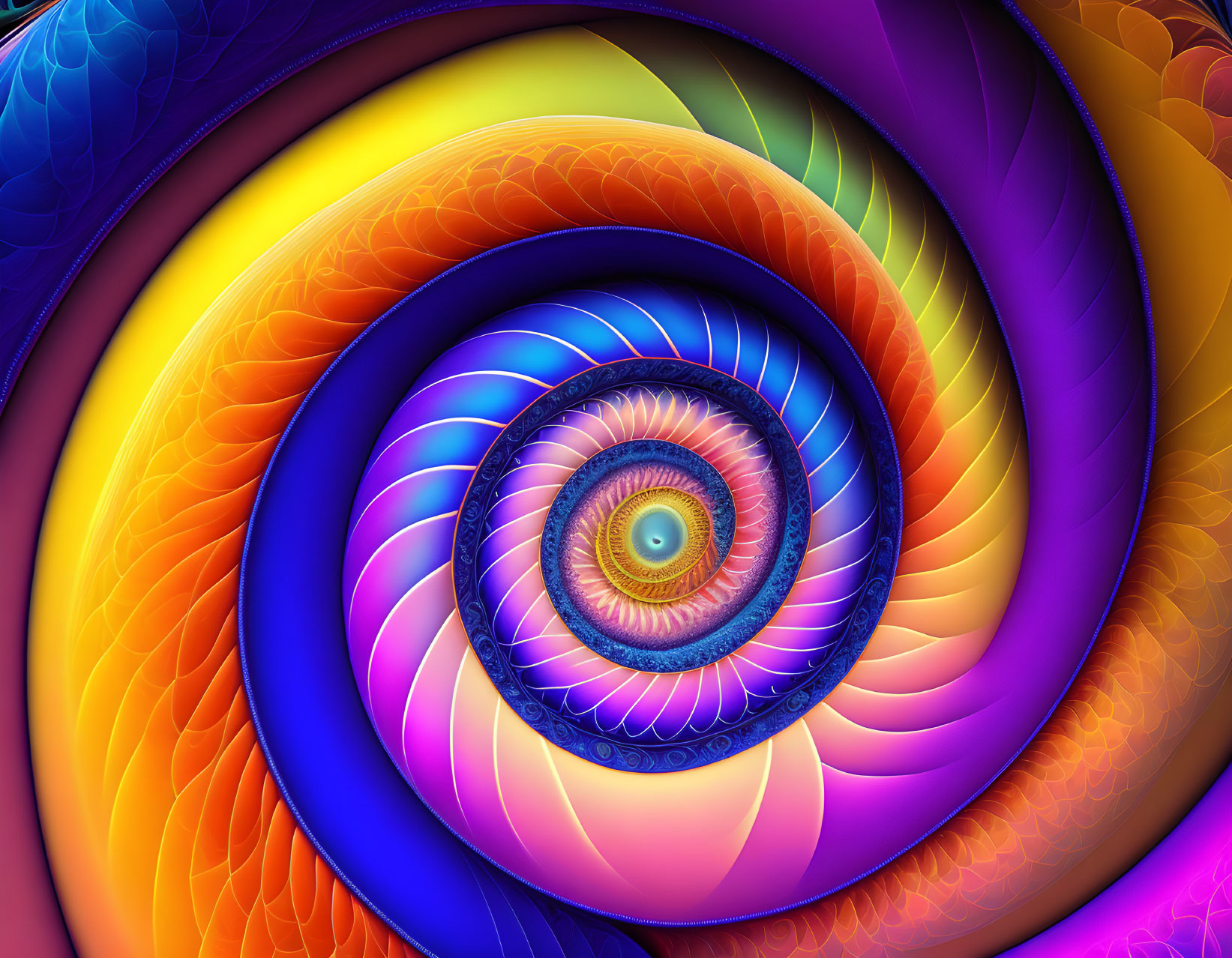 Vibrant digital fractal art: swirling blues, oranges, and purples around eye design