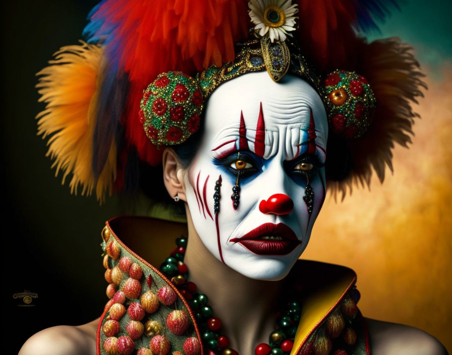 Colorful feathered headdress with gem-like decorations and theatrical clown makeup.