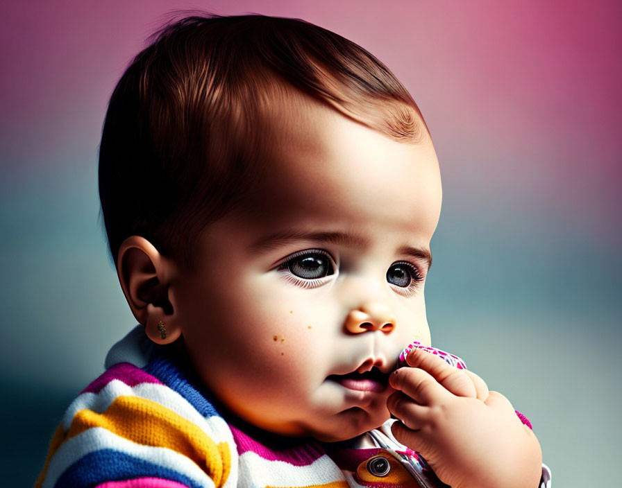 Infant with big brown eyes in colorful outfit against pink-blue backdrop