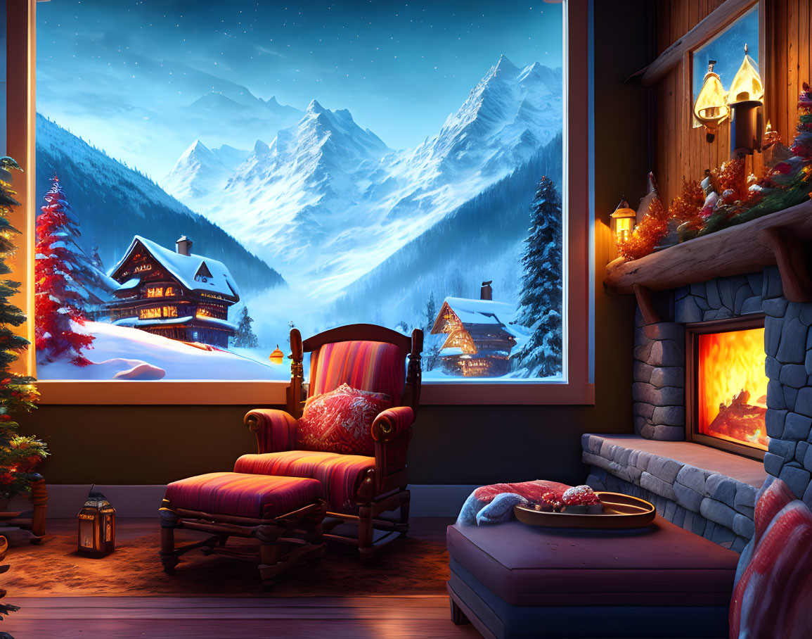 Winter cabin interior with fireplace, chairs, and snowy mountain view