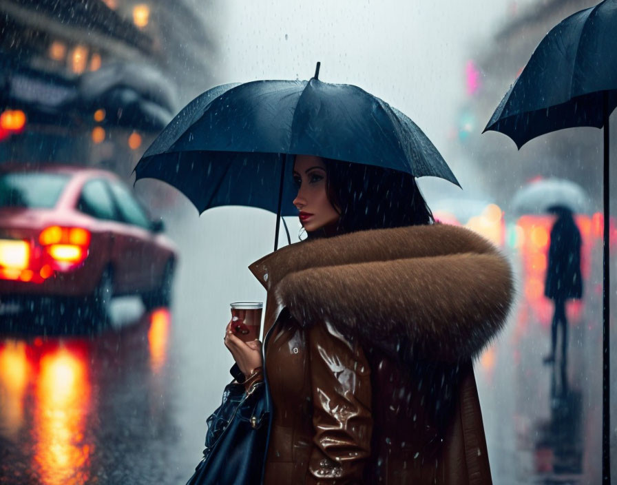 Stylish person in brown coat with fur collar under blue umbrella on rainy city street.