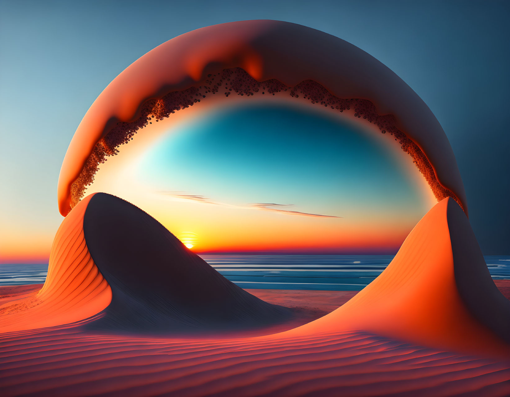 Surreal sand dunes arch over serene beach at sunset