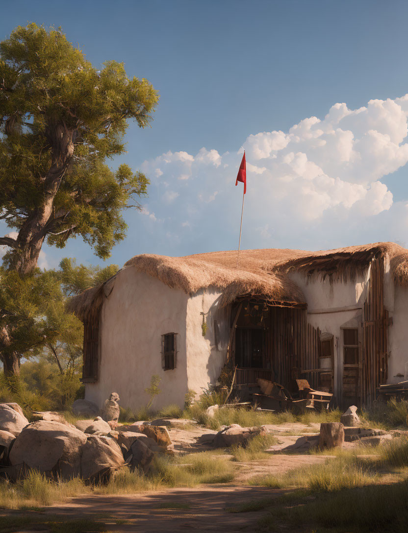 Thatched-roof house with wooden porch, rocks, tree, red flag, blue sky.