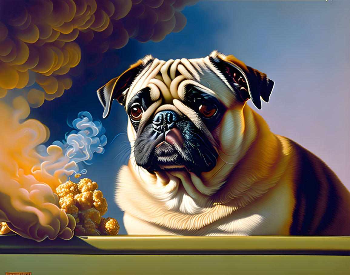 Vibrant pug illustration with expressive eyes and whimsical sky