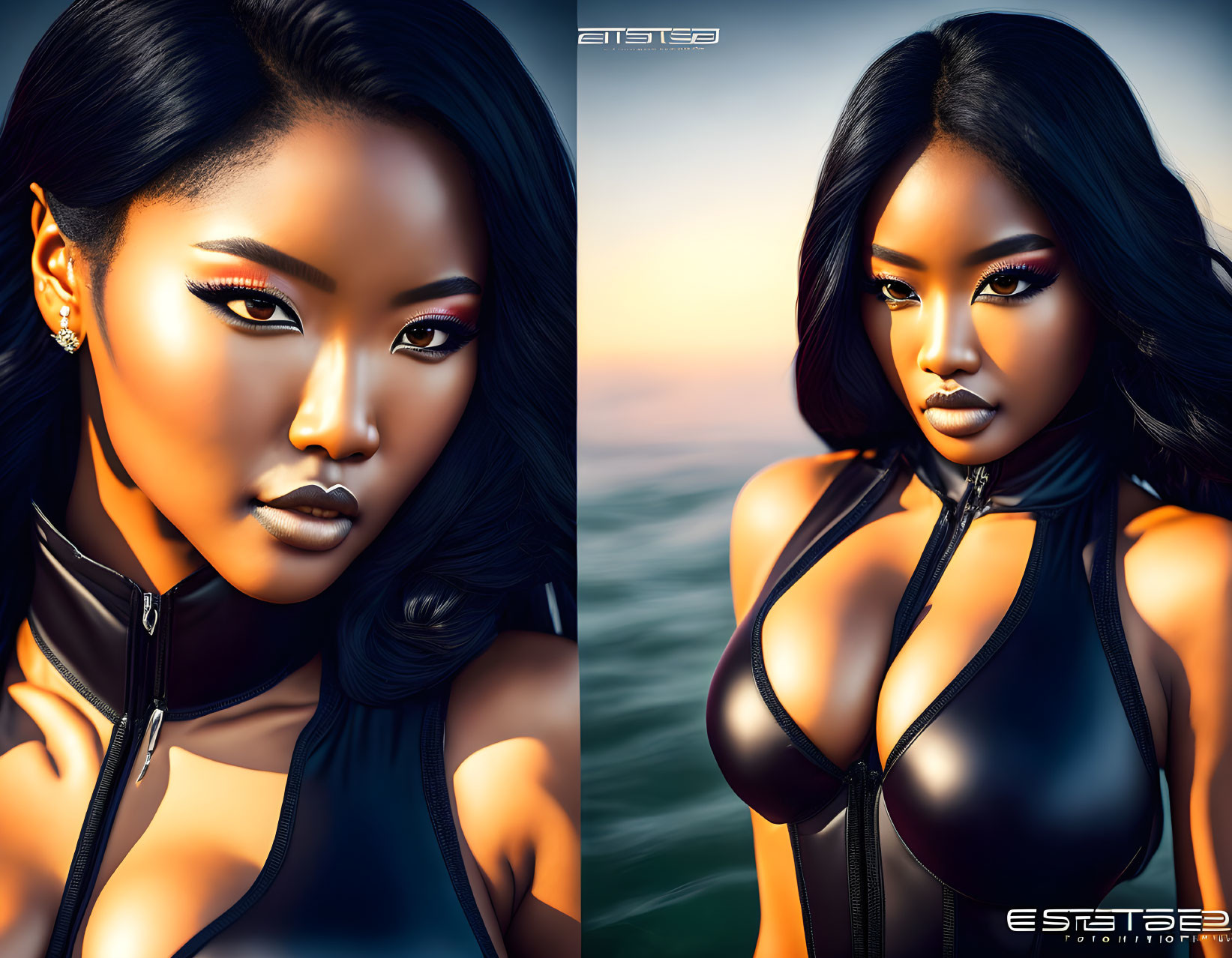 Digital Artwork Diptych: Woman with Striking Makeup in Black Outfit on Sunset Seascape