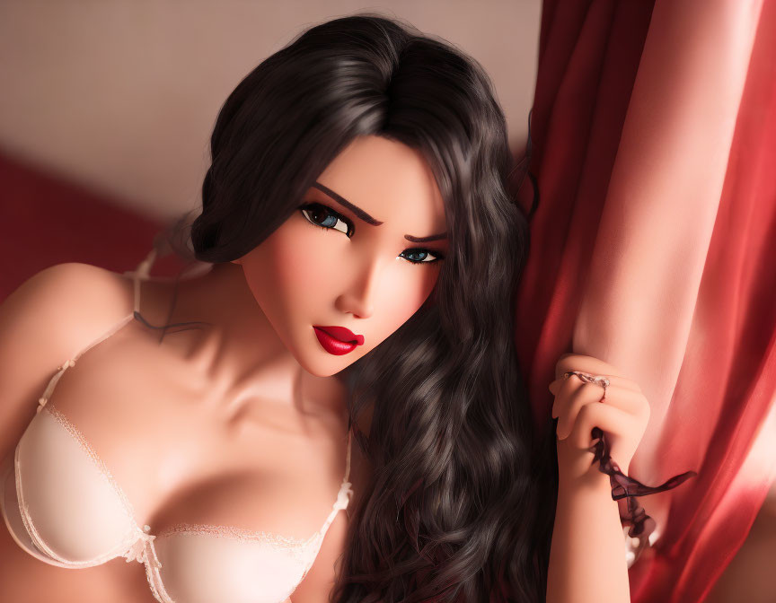 Seductive woman in lingerie with dark hair and red lipstick