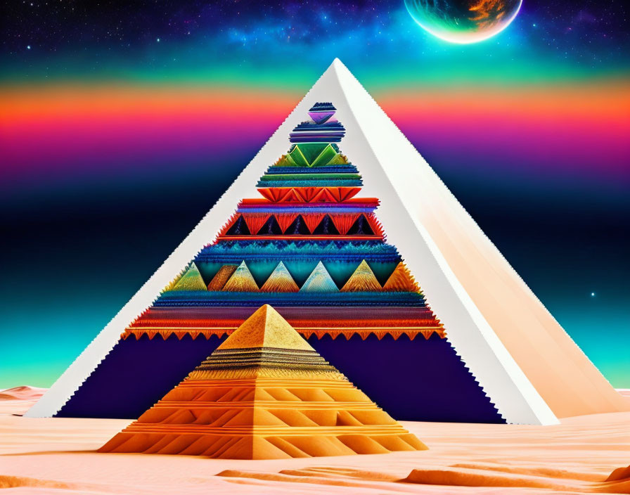 Colorful surreal artwork: Pyramid with patterns, cosmic sky