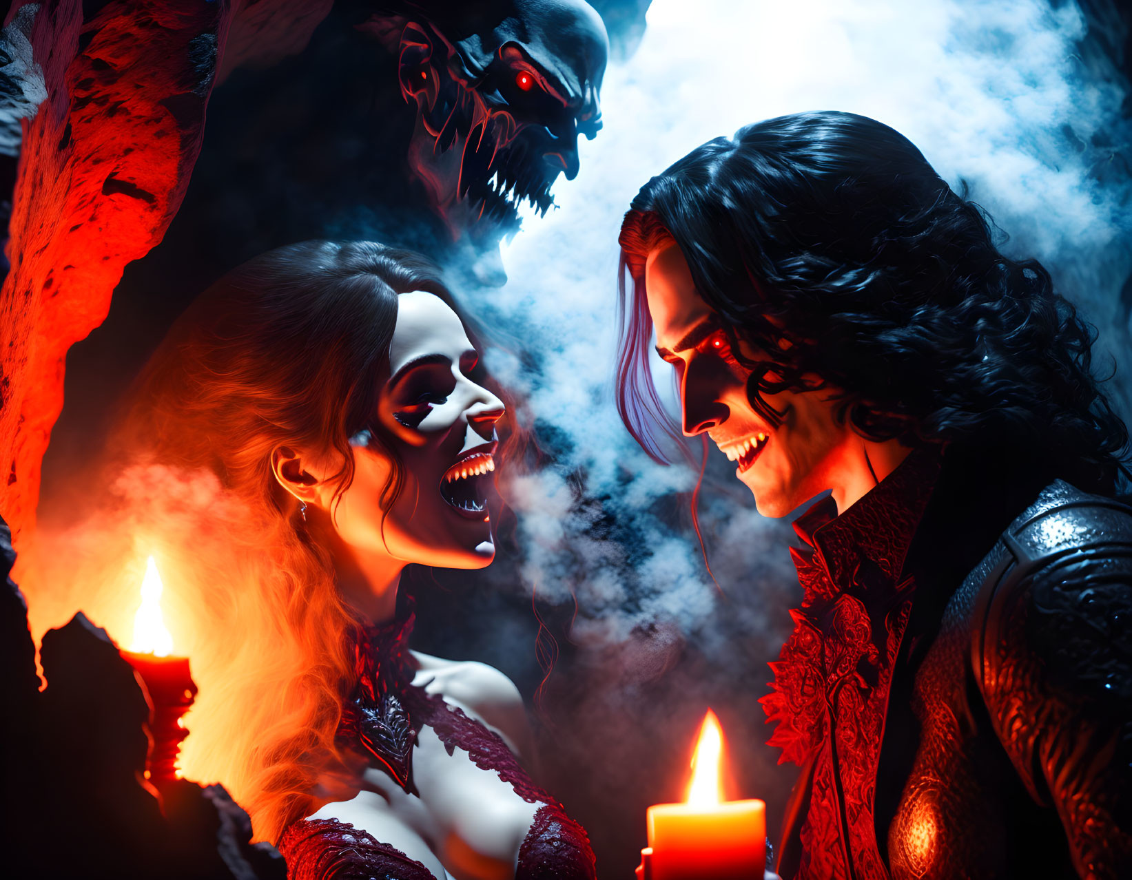 Two individuals in vampire-like makeup in gothic setting with candles and smoky background.