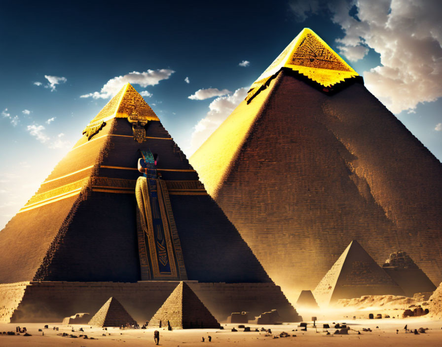 Golden-capped Pyramids under Blue Sky with Shadows