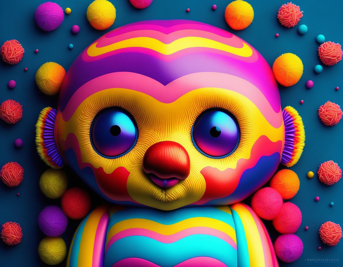 Colorful 3D creature illustration with large eyes and multicolored stripes on blue background