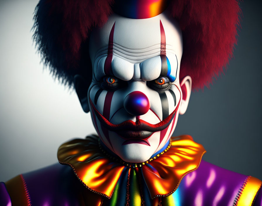 Menacing clown with red nose, intense eyes, and vibrant red hair in colorful collar.