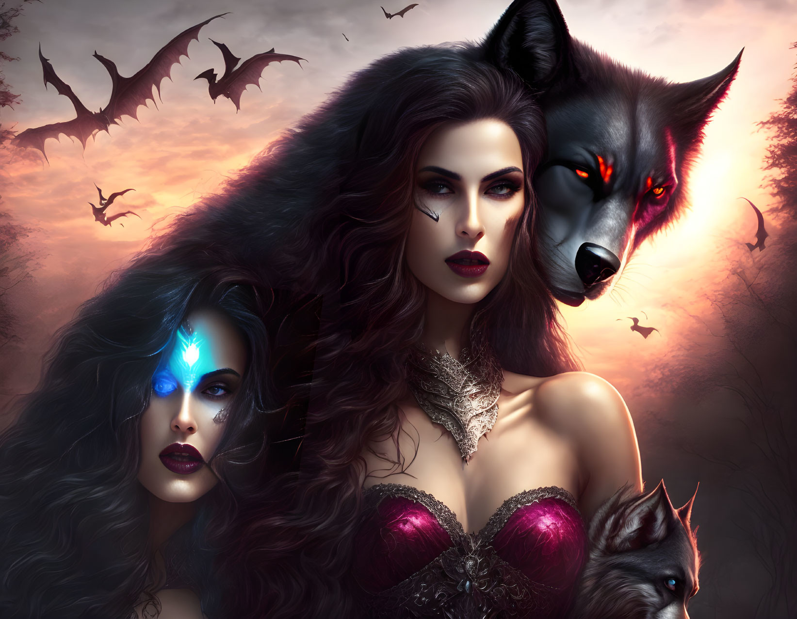 Fantasy Artwork: Two Women, Wolf, Bat in Dusky Sky