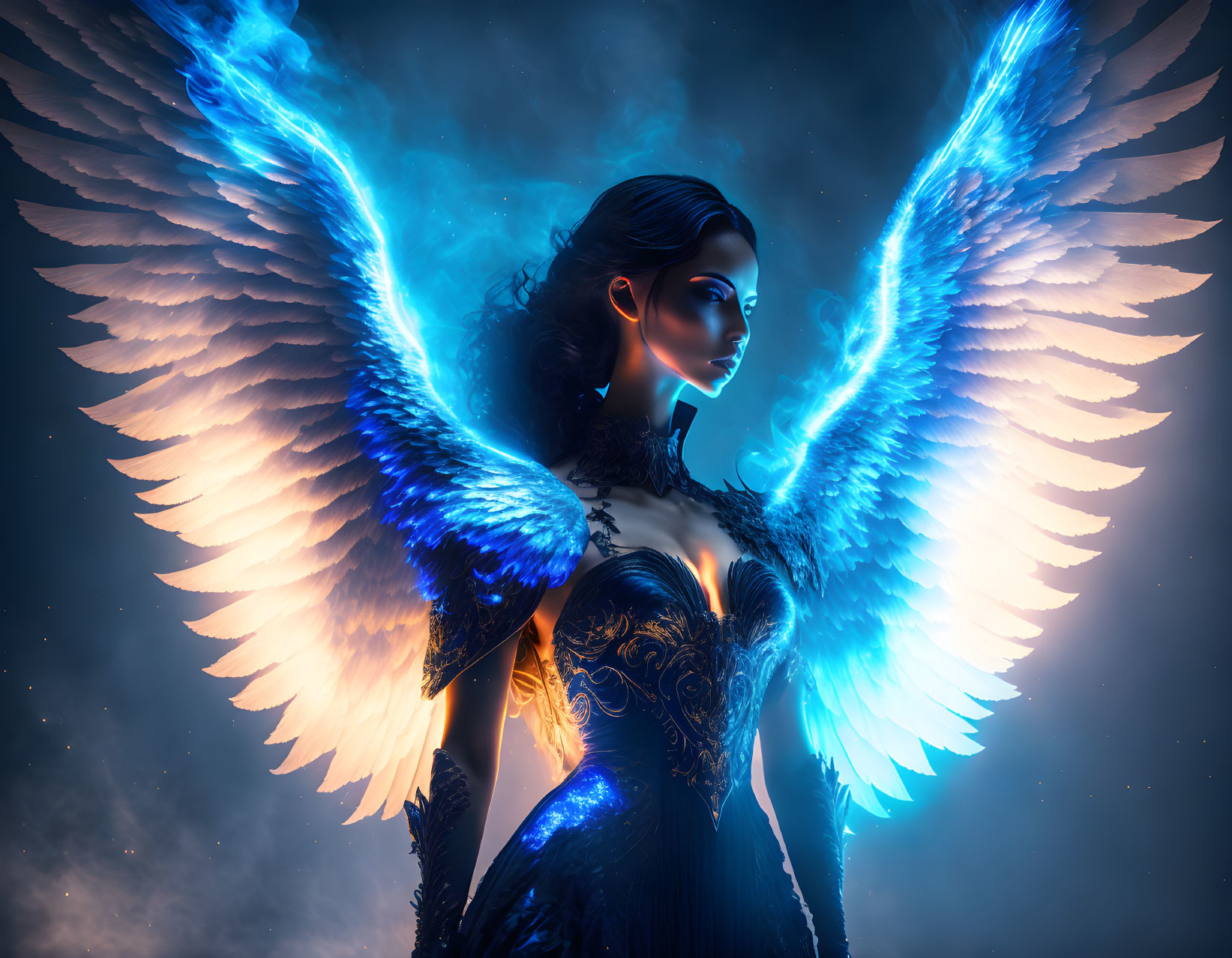 Digital artwork: Woman with luminous blue wings in dark, mystical setting