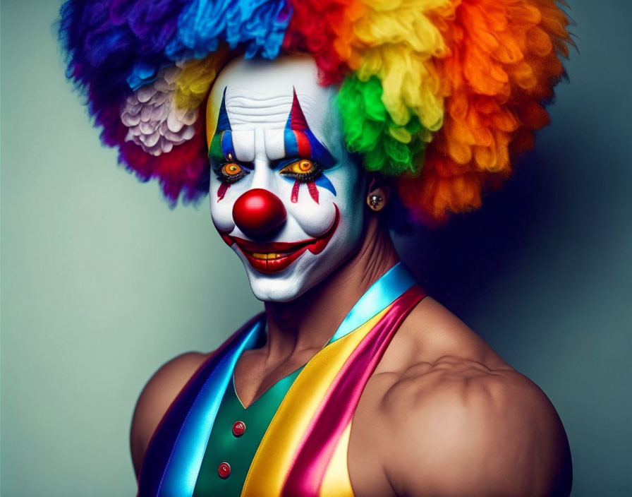 Colorful Clown with Rainbow Wig and Red Nose on Gray Background