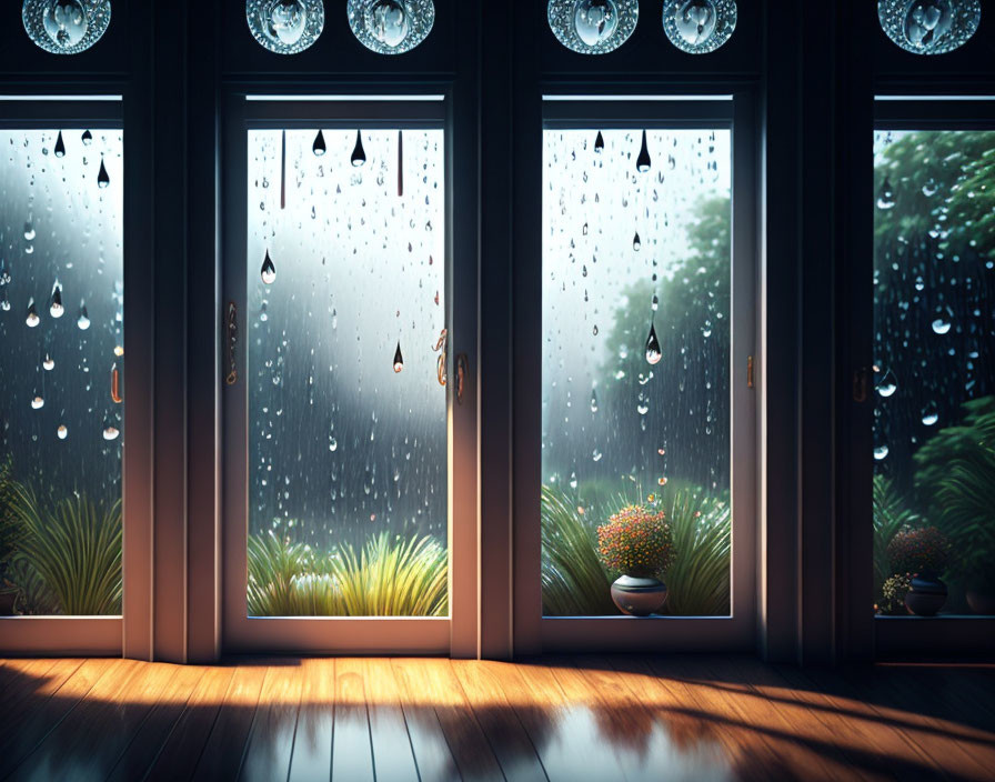 Rainy window scene with water droplets, round windows, potted plants, and warm light.