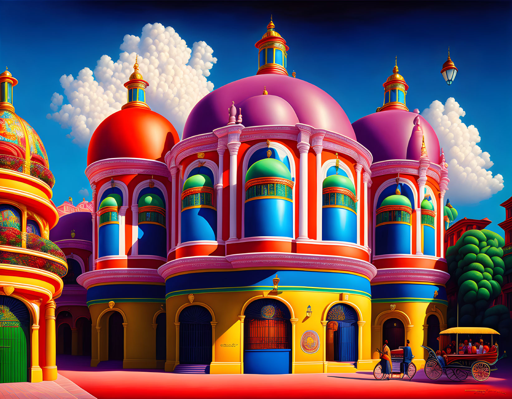 Vibrant illustration of ornate palace with colorful domes and horse-drawn carriage under vivid sky