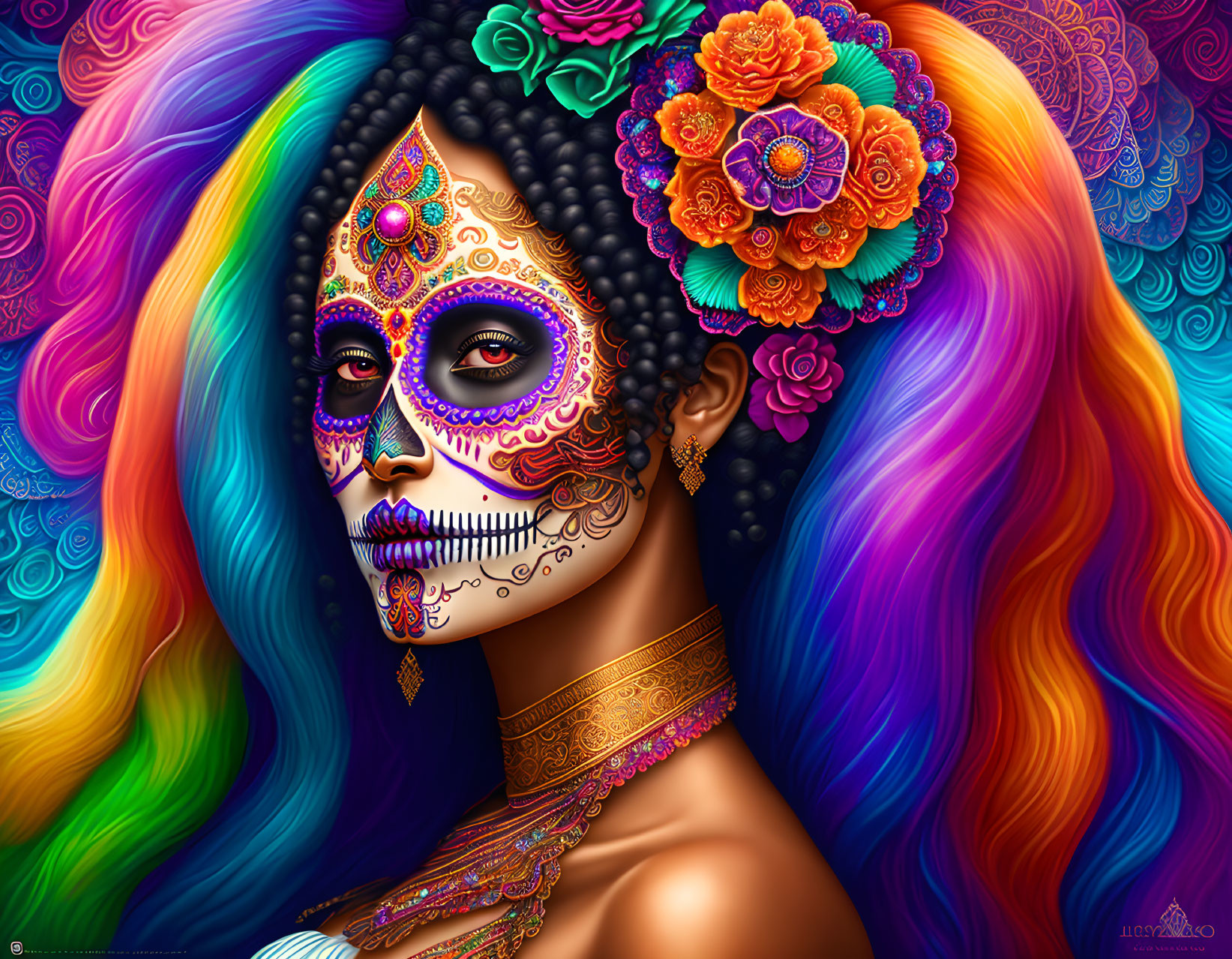 Colorful Day of the Dead Sugar Skull Artwork with Rainbow Hair & Floral Decorations