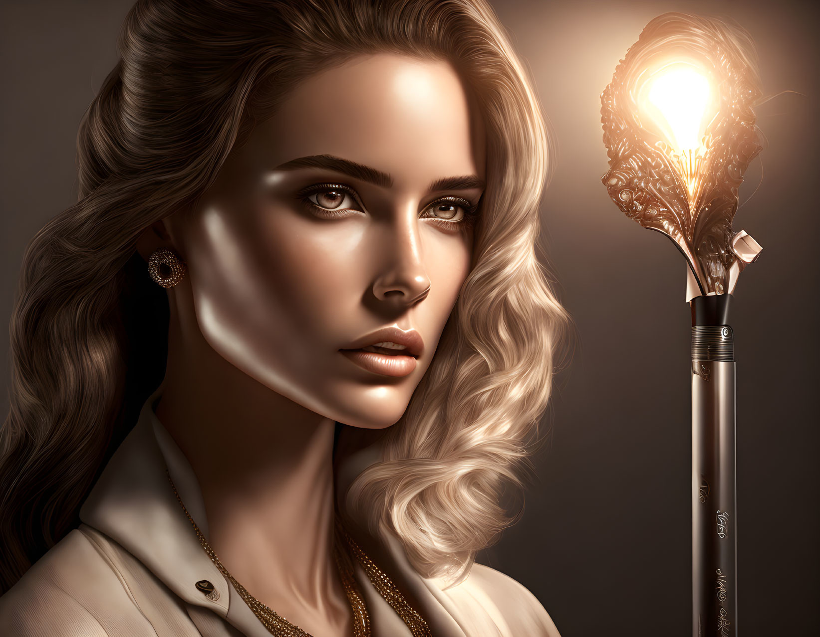 Blonde woman digital artwork with torch gaze