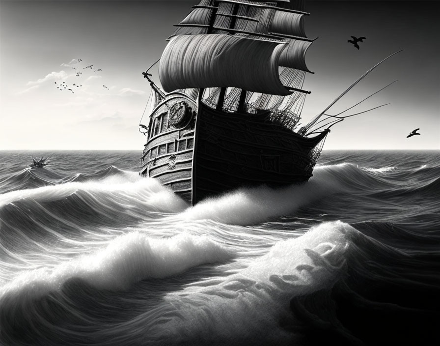 Monochromatic image of majestic sailing ship in turbulent seas