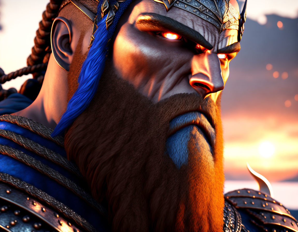 Bearded warrior with blue braided hair in intricate armor at sunset