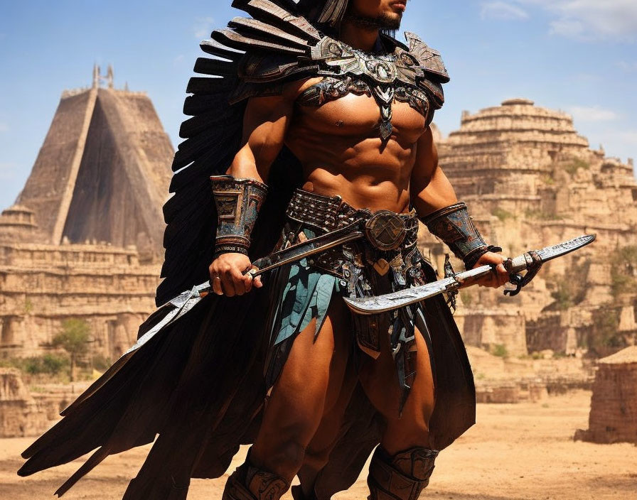 Muscular warrior in armor with sword against arid backdrop