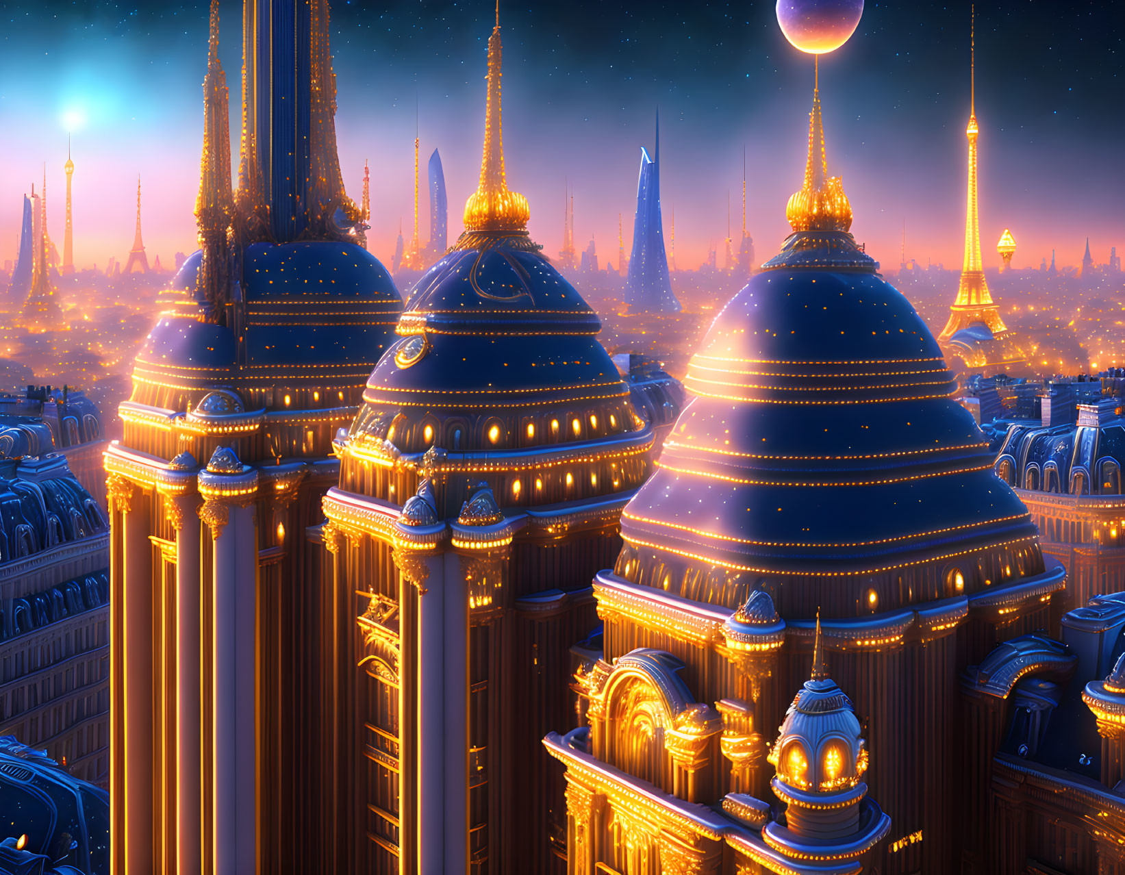 Futuristic cityscape with illuminated domes and spires at dusk