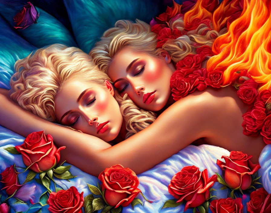 Two women asleep entwined with fiery and floral themes among vivid roses