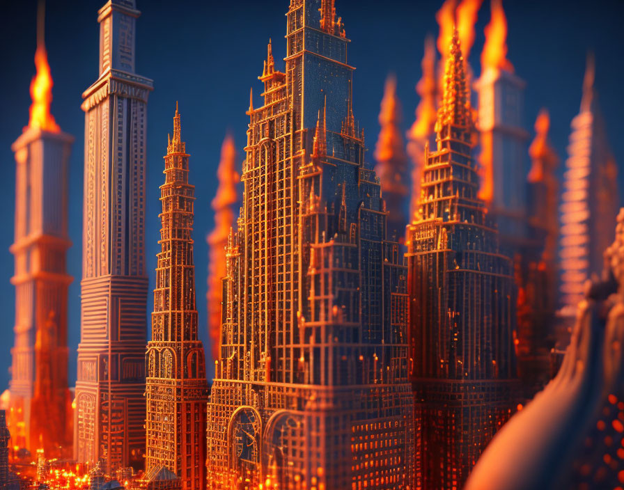 Miniature cityscape with illuminated skyscrapers in fiery glow.