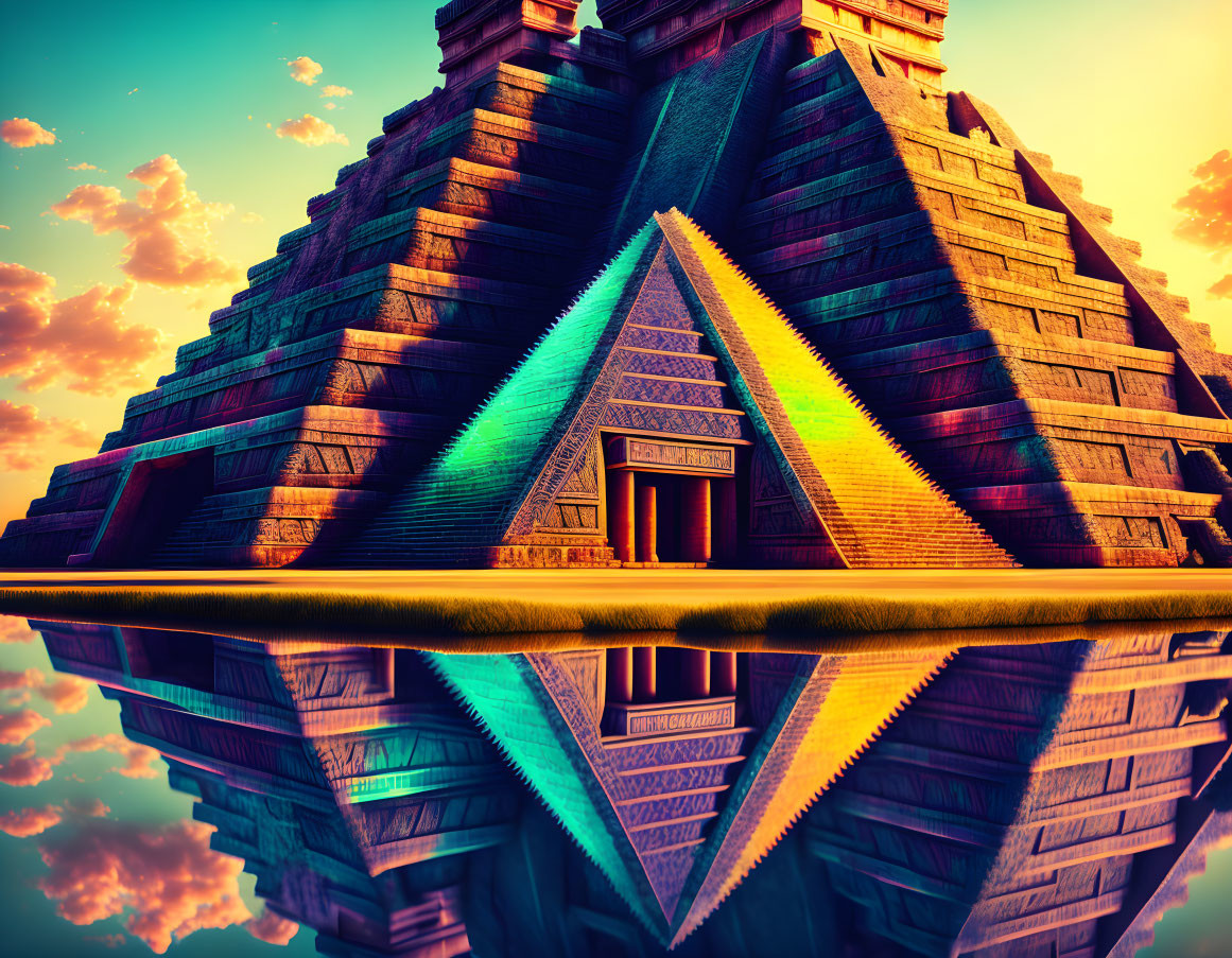 Mesoamerican pyramid reflected in water at sunset with rainbow light