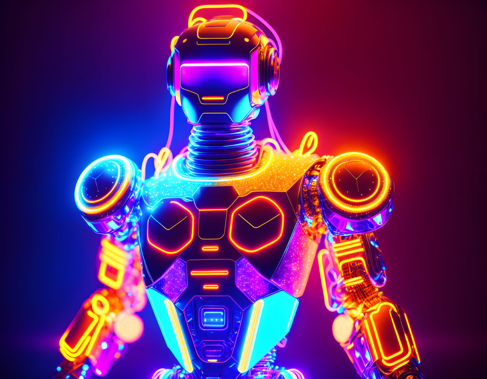 Futuristic humanoid robot with neon lights on dark gradient background