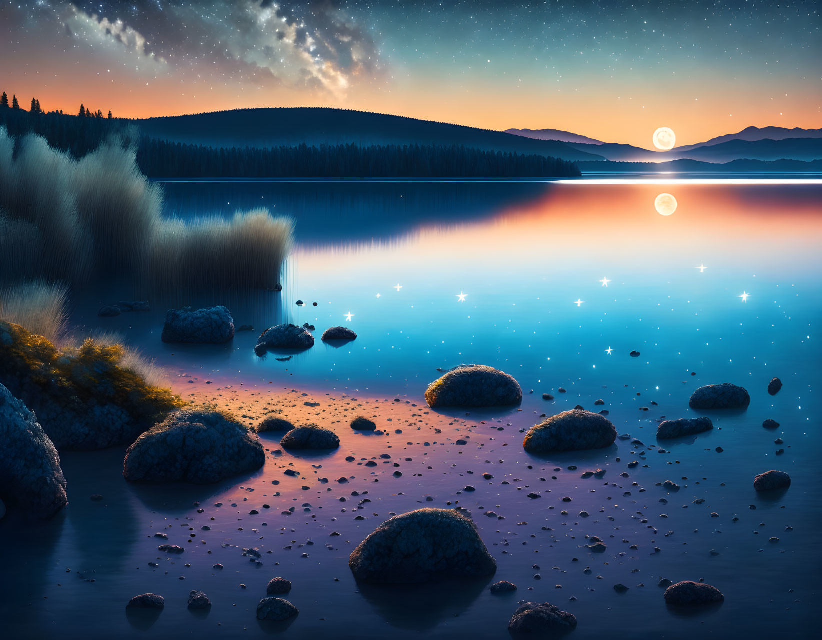 Serene lake with starry reflection, full moon, and mountain silhouettes