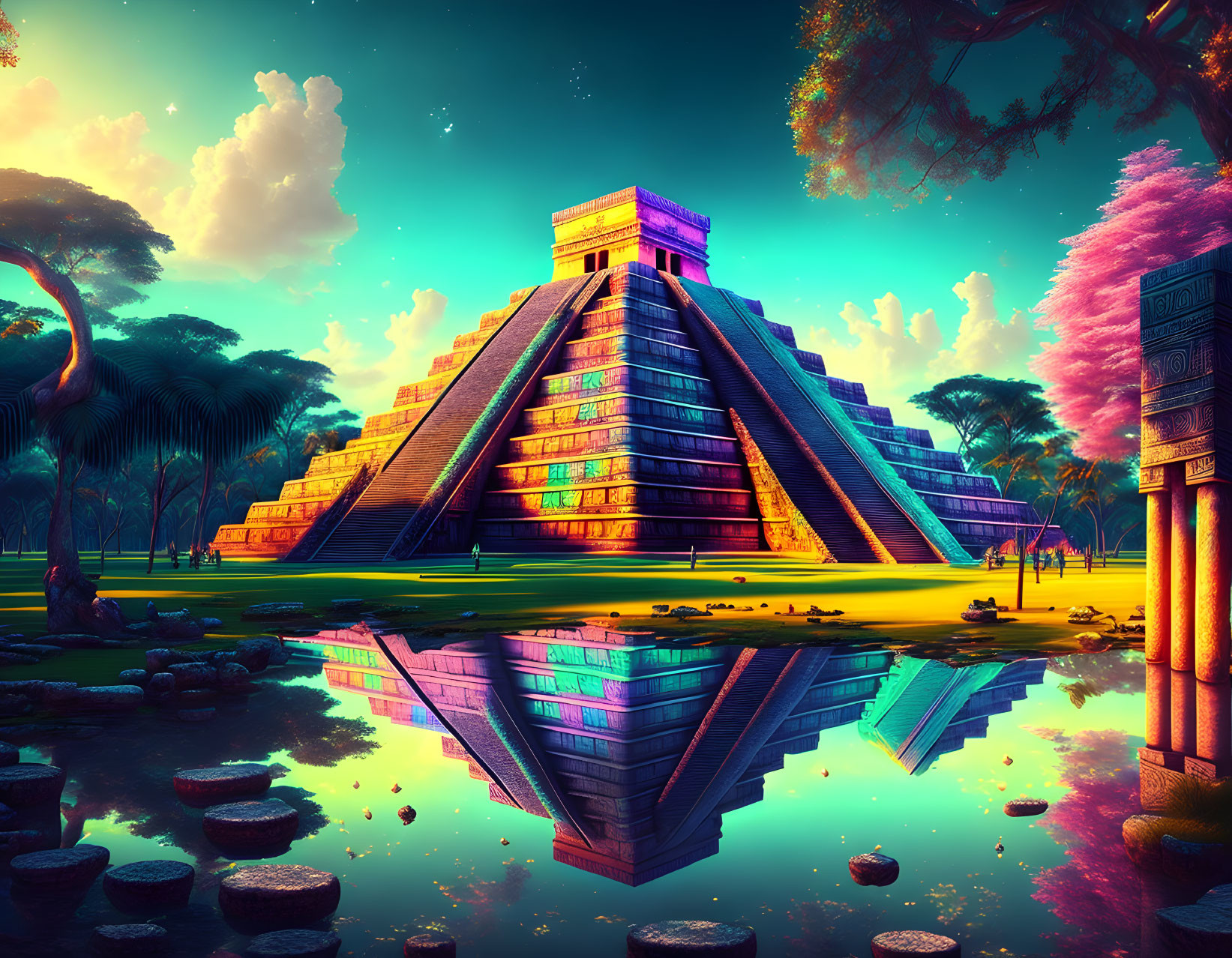 Mesoamerican pyramid reflection in tropical sunset