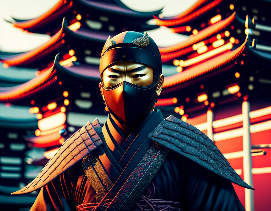 Traditional samurai illustration with helmet and mask in front of red and black pagoda at dusk