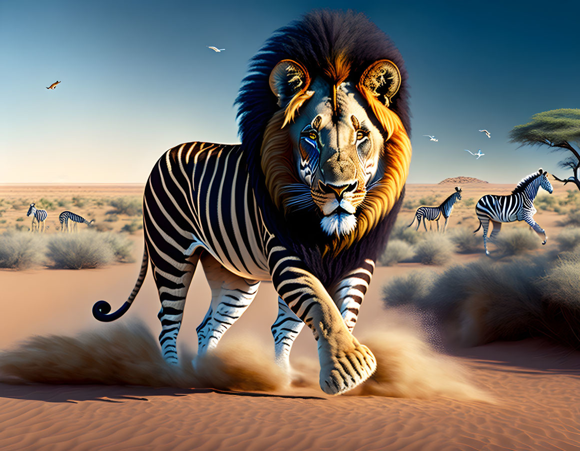 Surreal animal with lion's head and zebra's body in desert landscape