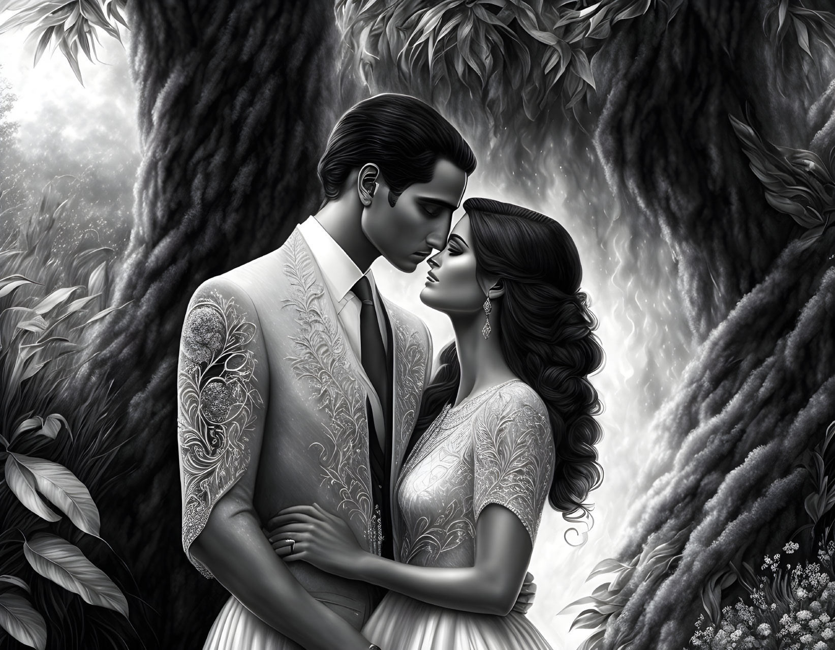 Elegant Couple Embrace in Monochrome Forest Setting