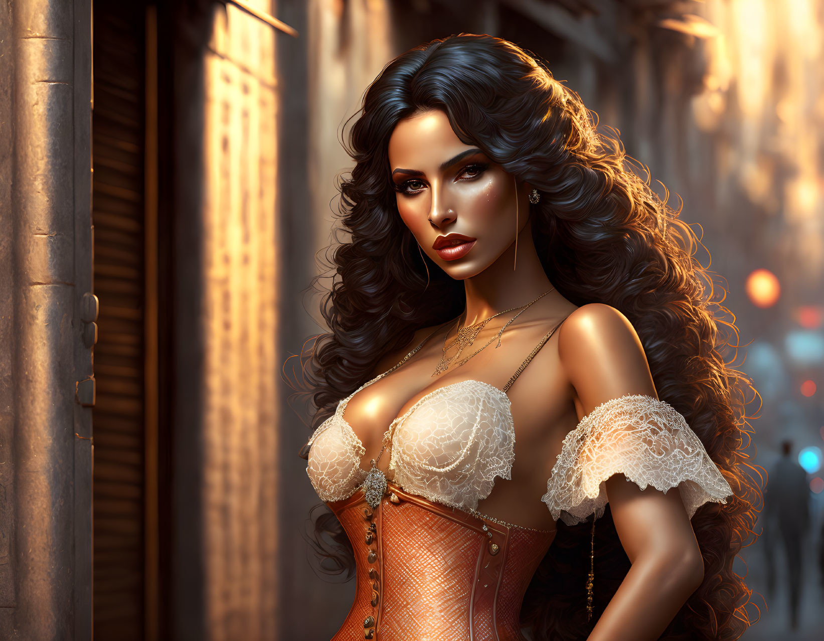 Dark-haired woman in corset on dimly lit street