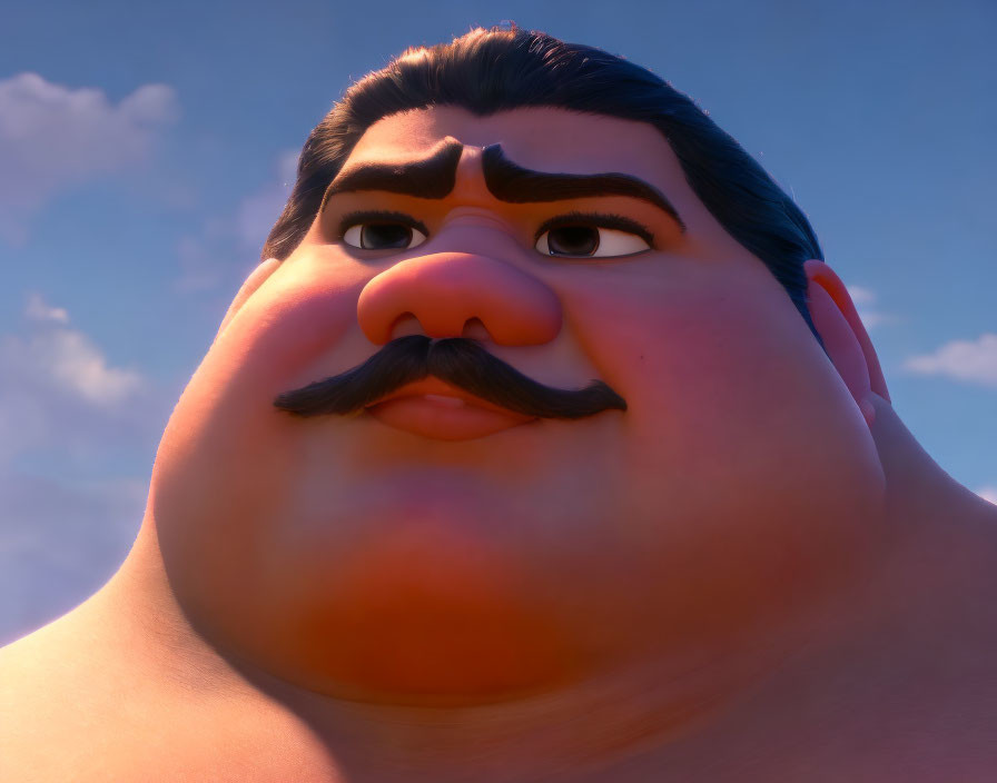 Detailed 3D animated male character with thick mustache and furrowed brow on blue sky