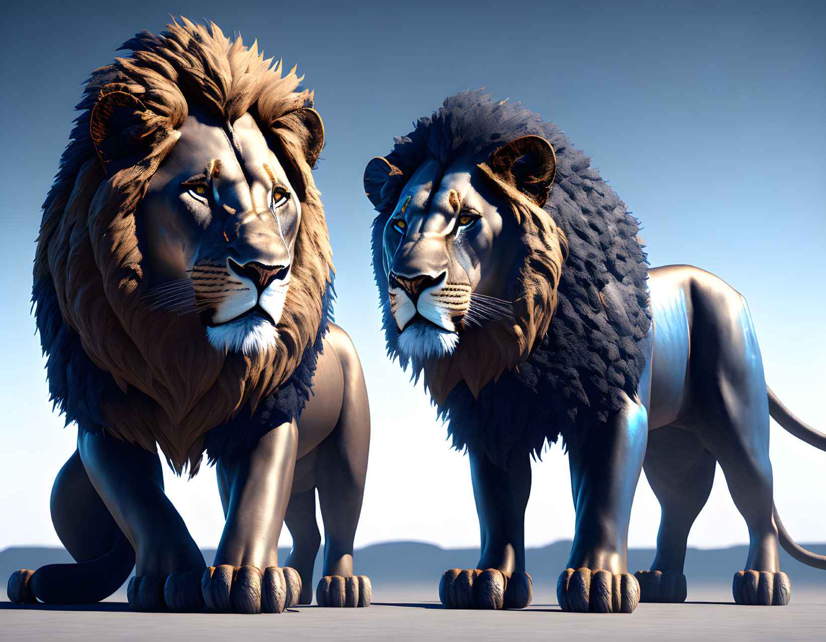 Detailed 3D-rendered lions with textured fur under bright lighting