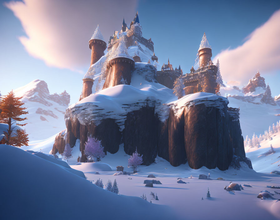 Snowy cliff castle with spires in winter landscape under pink sky