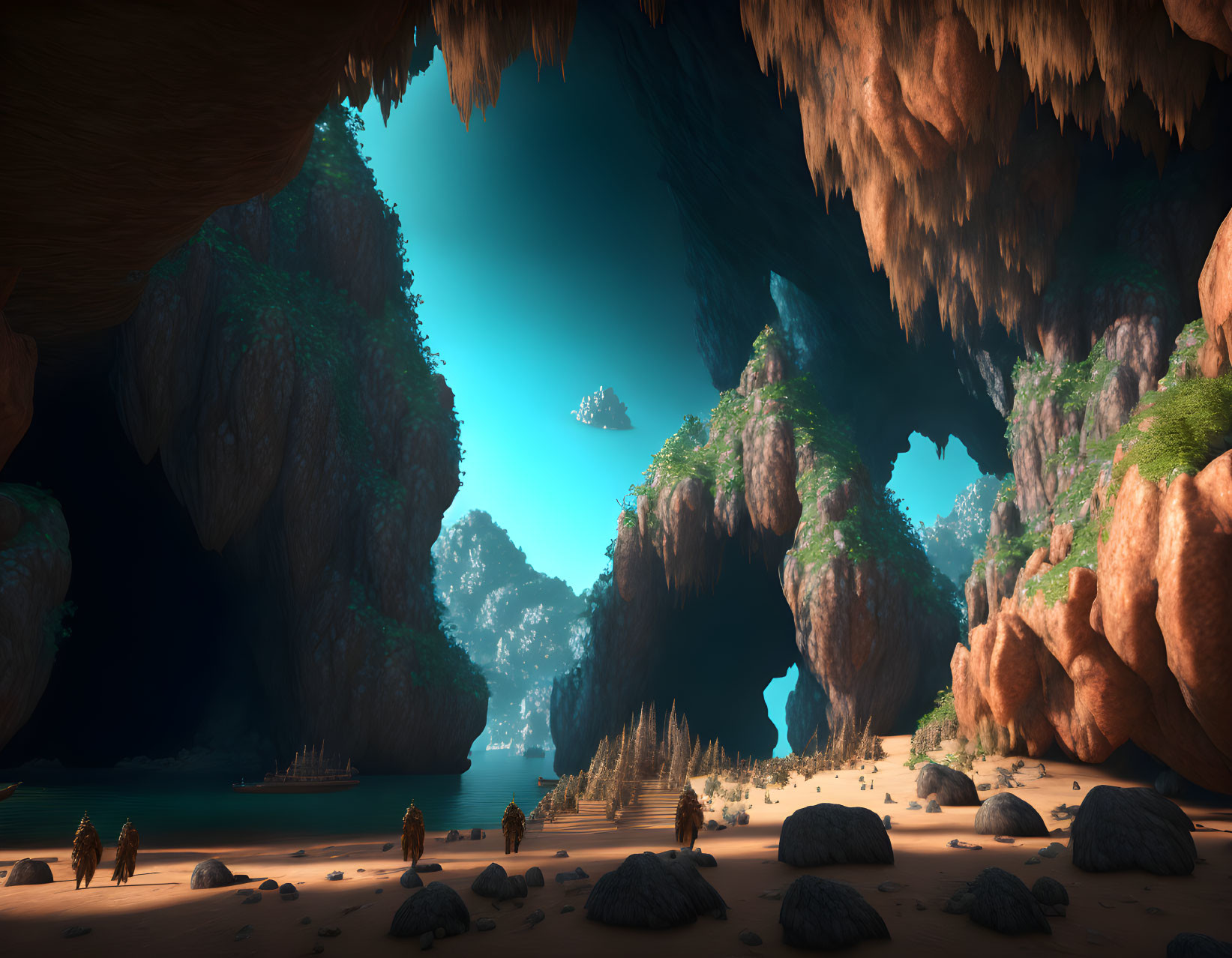 Tranquil cave with lush greenery, rocky formations, and figures exploring serene landscape