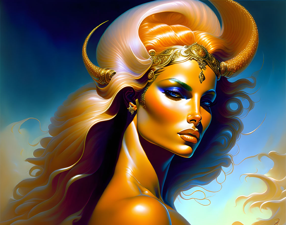 Illustration of woman with long hair, golden headdress, earrings on blue backdrop