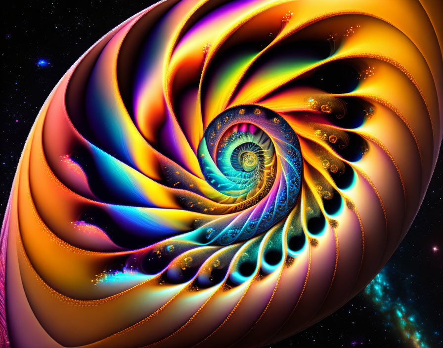 Colorful fractal art: Swirling orange, blue, purple patterns with eye motif