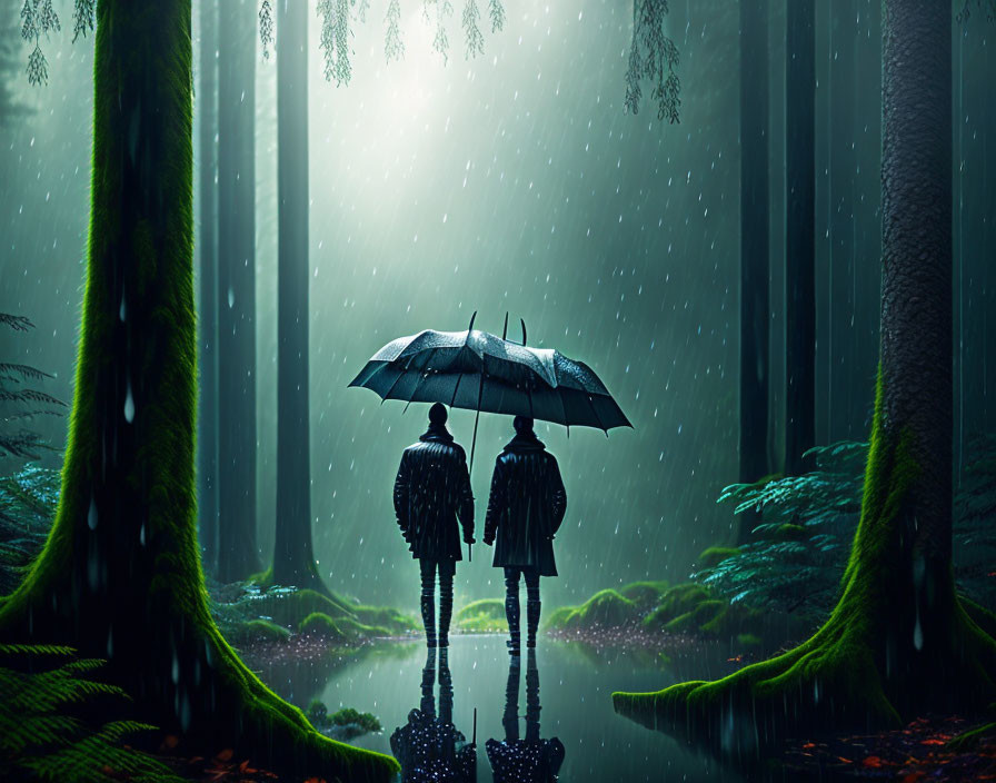 Two individuals under umbrella in rainy forest with tall trees and puddles